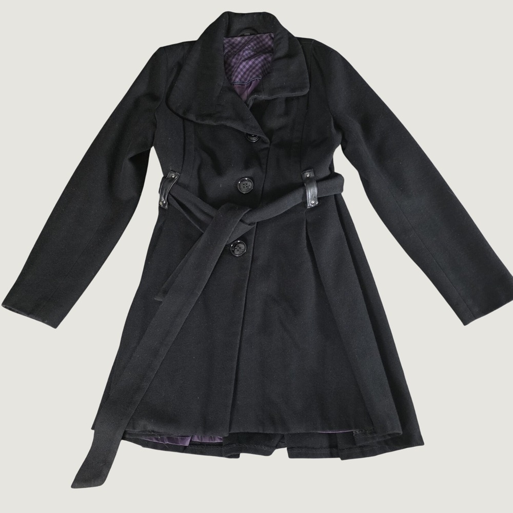 Steve Madden Black Belted Mid Length Coat Wool Blend Button Large